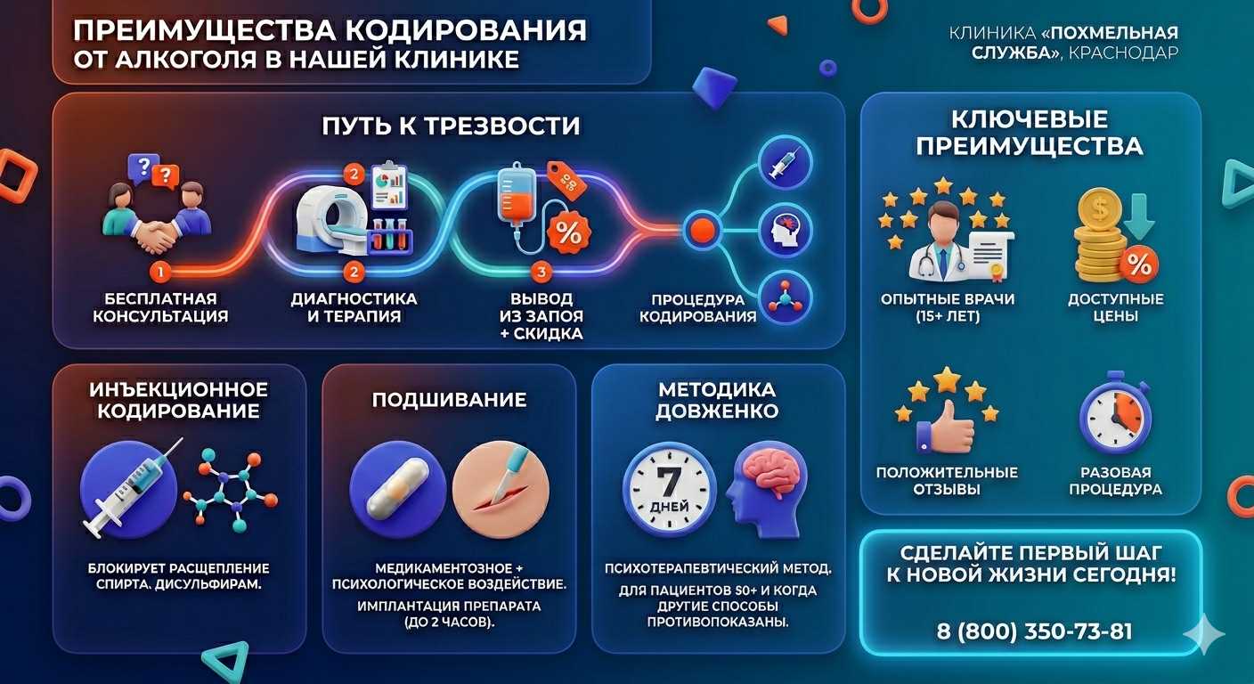 Инфографика о методах кодирования от алкоголя в Волжске: инъекции, подшивание, метод Довженко. Преимущества клиники и этапы лечения.